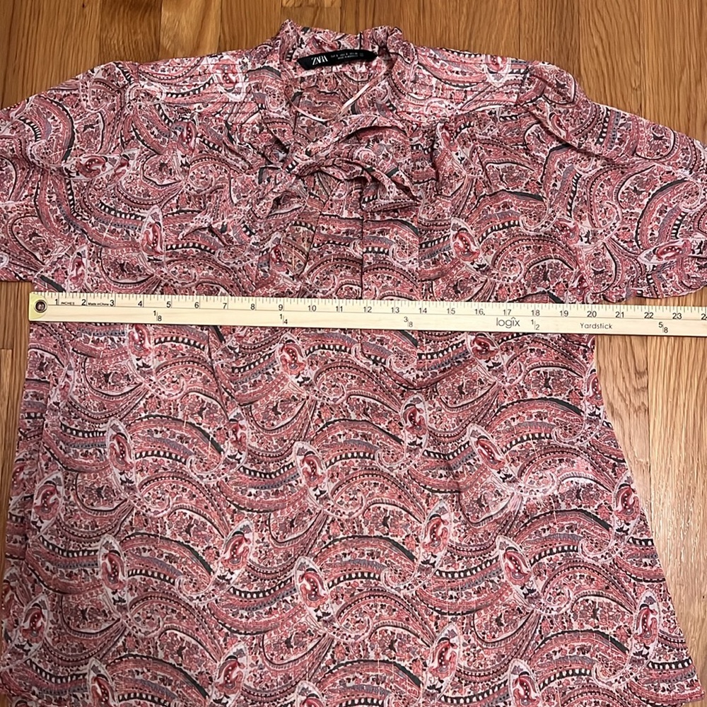Zara Women's Blouse Pink Multicolor Paisley V-Neck Tie Long Sleeve Shirt Top S - Picture 9 of 12